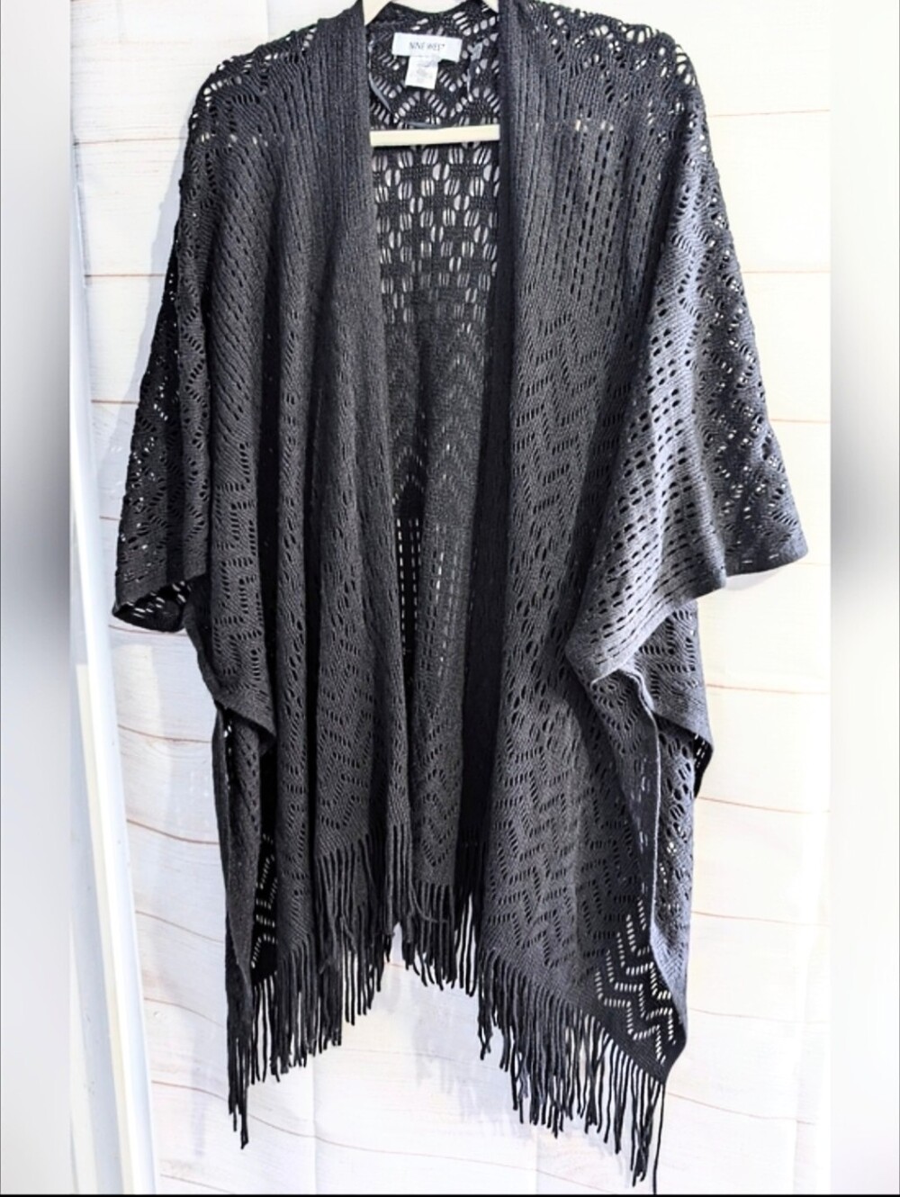 Nwot Nine West Black Crochet Fringe Kimono Knit Wrap Shawl Cover Up